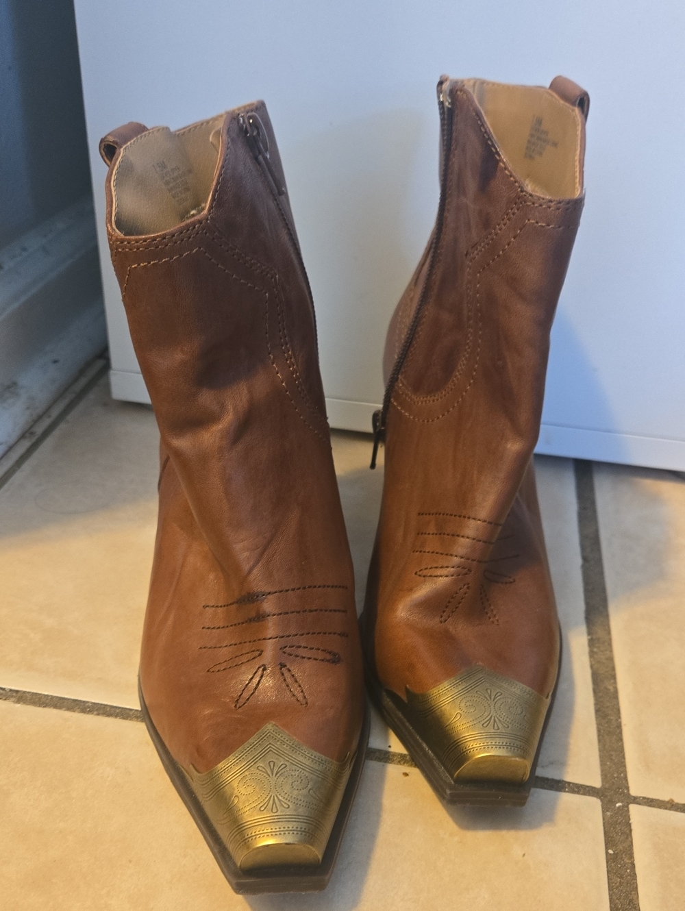 Women's Brown Leather Western Ankle Boots with Decorative Brass Toe